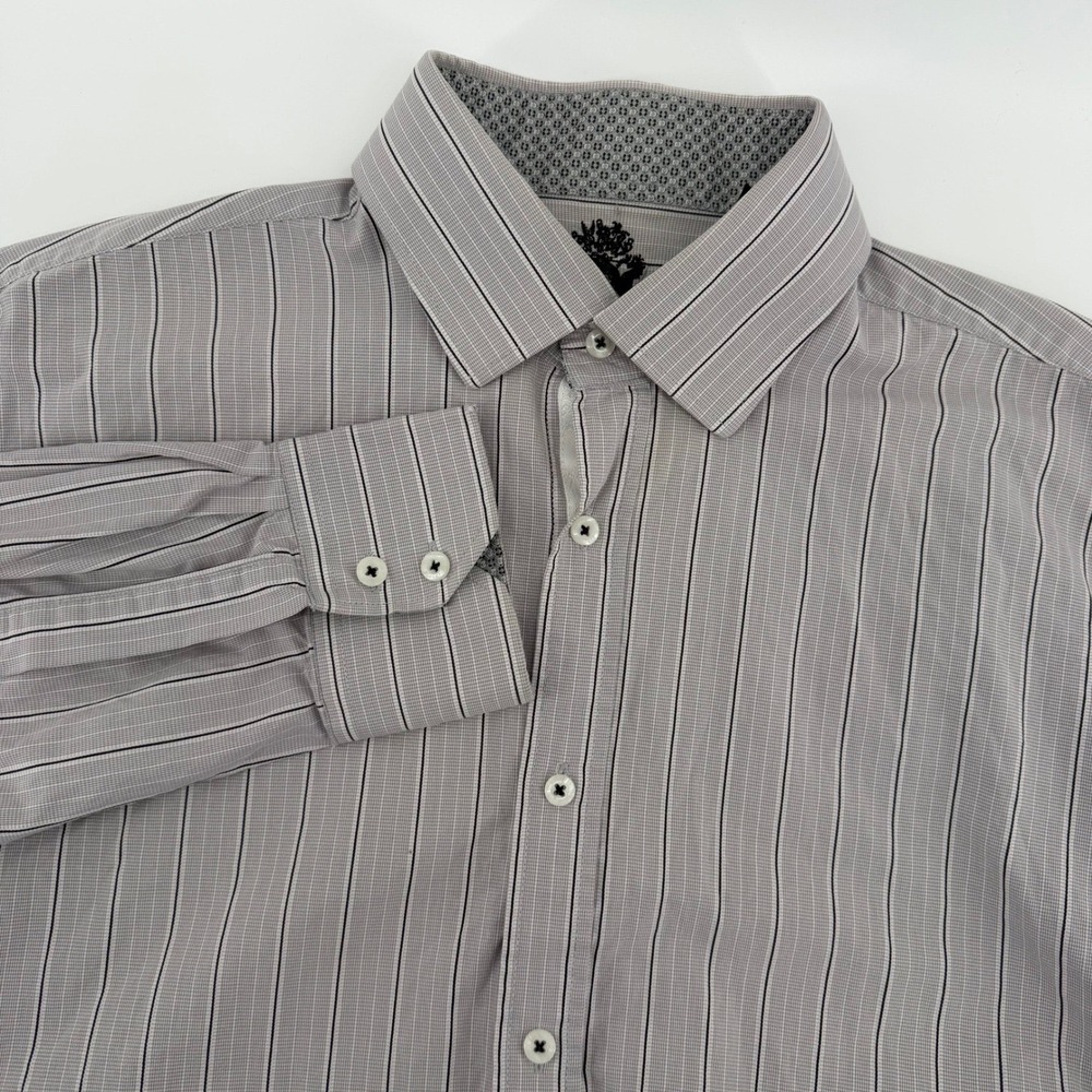 English Laundry Button Down Men 16.5 32/33 Grey Striped Houndstooth Cotton Shirt